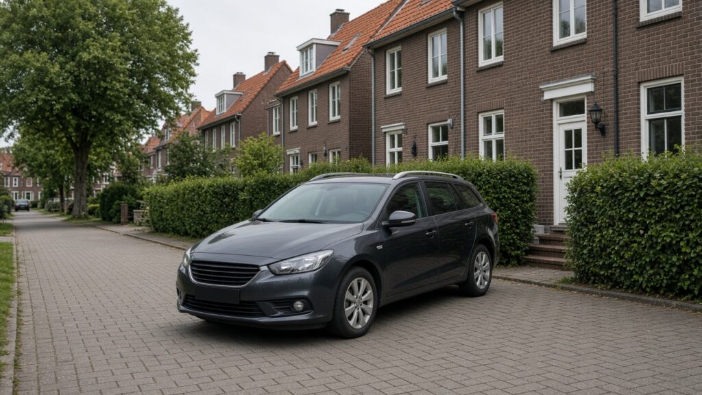 Auto bij een rij woningen, autowassen hoevelaken